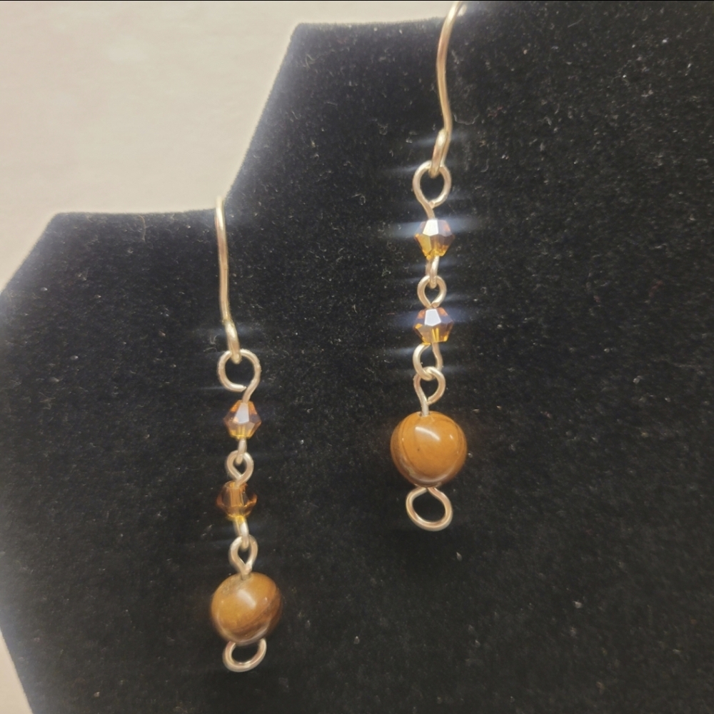 Silver and Natural Tiger Eye Bead Dangle Earrings